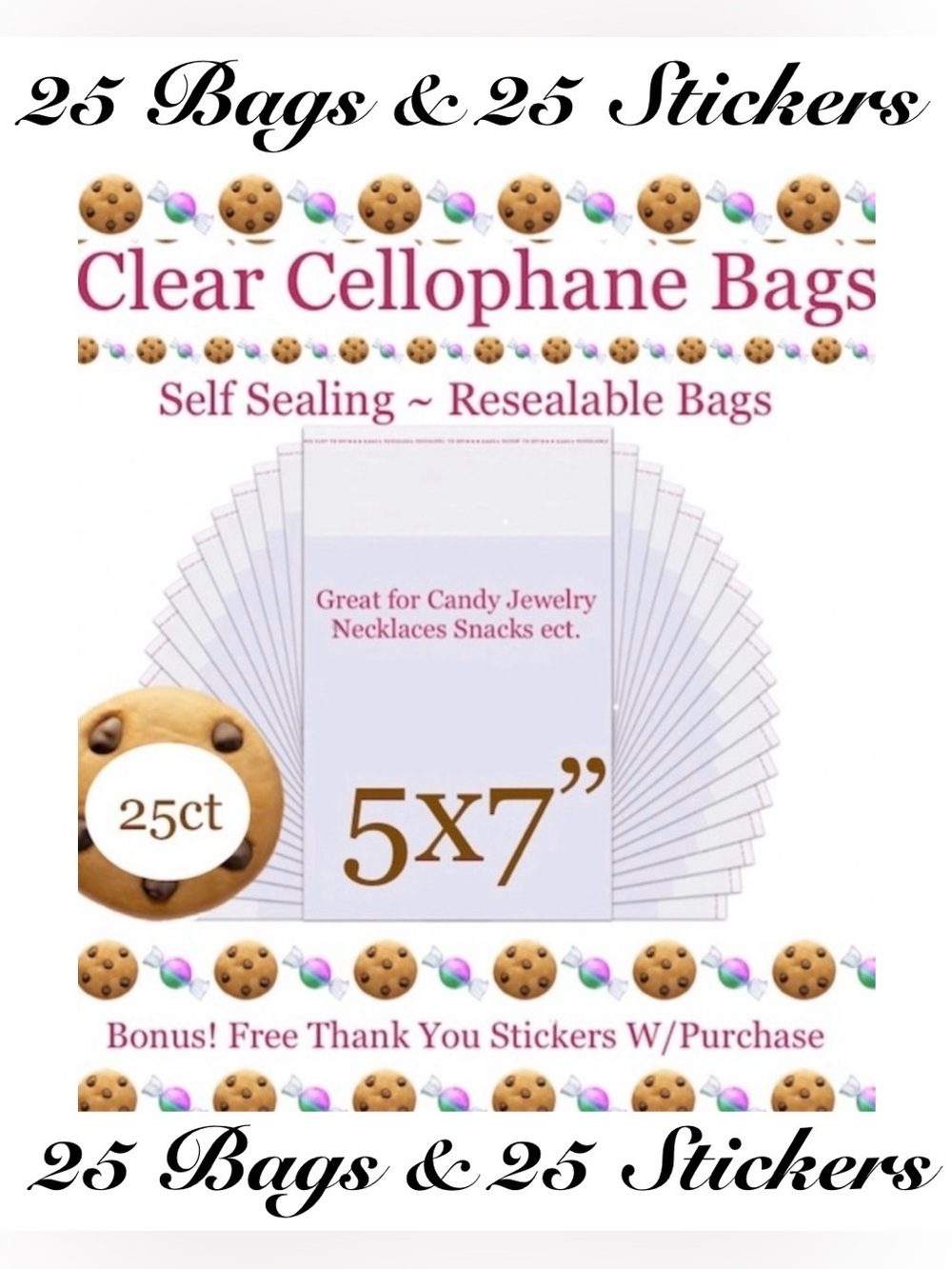 25ct 5x7” Clear Cello Bags ⭐️w/Free Stickers 🍃🆕🍃Crystal Clear ~ Resealable